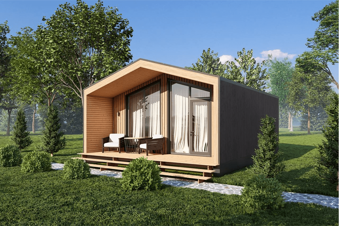 Современный модульный дом на участке — лето, газон, терраса модульный дом барн хаус